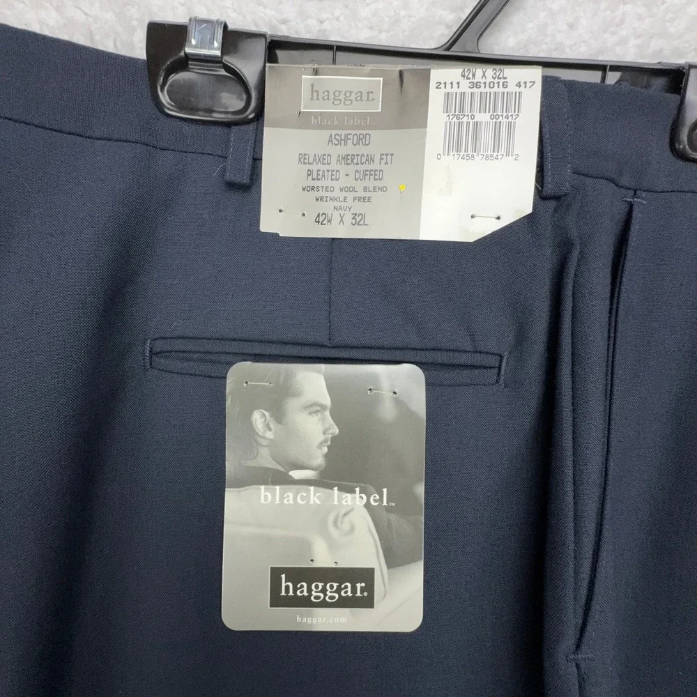 Haggar Black Label Ashford Navy Pleated Cuffed‎ Dress Pants 42x32 Wool Blend NEW